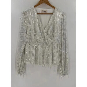 Savanna Jane Women's White Silver Sequin Long Sleeve Faux Wrap Blouse Top LARGE